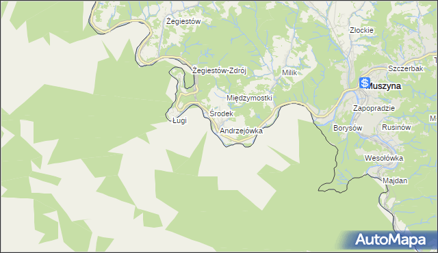 mapa Andrzejówka gmina Muszyna, Andrzejówka gmina Muszyna na mapie Targeo
