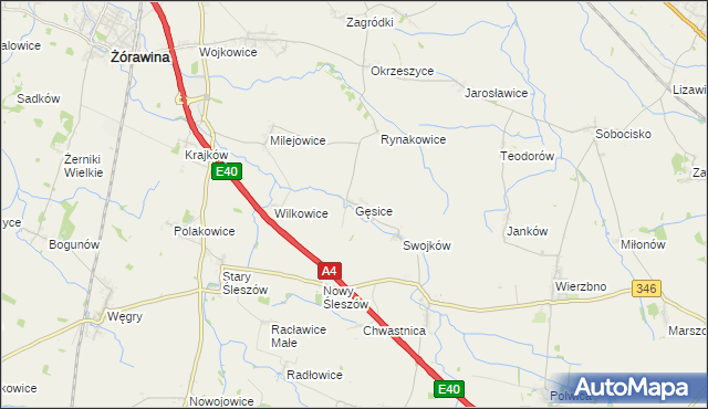 mapa Gęsice gmina Domaniów, Gęsice gmina Domaniów na mapie Targeo