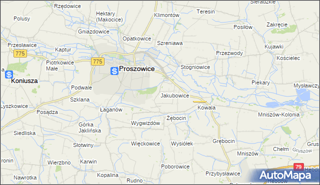 mapa Jakubowice gmina Proszowice, Jakubowice gmina Proszowice na mapie Targeo