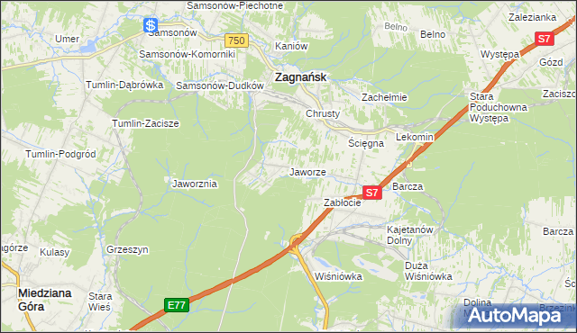 mapa Jaworze gmina Zagnańsk, Jaworze gmina Zagnańsk na mapie Targeo