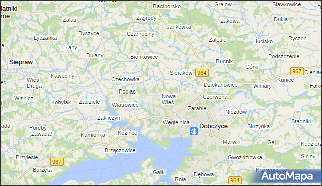 mapa Nowa Wieś gmina Dobczyce, Nowa Wieś gmina Dobczyce na mapie Targeo