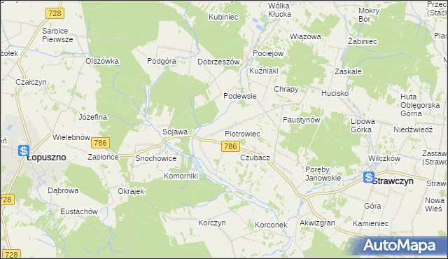 mapa Piotrowiec gmina Łopuszno, Piotrowiec gmina Łopuszno na mapie Targeo