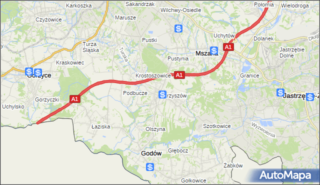 mapa Skrzyszów gmina Godów, Skrzyszów gmina Godów na mapie Targeo