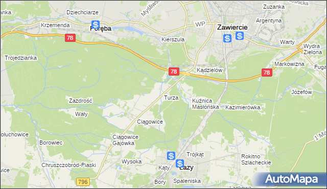 mapa Turza gmina Łazy, Turza gmina Łazy na mapie Targeo
