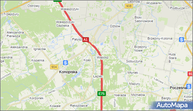 mapa Wąsosz gmina Konopiska, Wąsosz gmina Konopiska na mapie Targeo