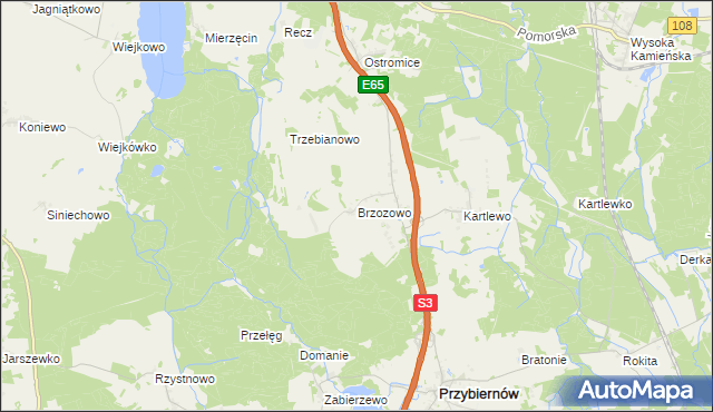 mapa Brzozowo gmina Przybiernów, Brzozowo gmina Przybiernów na mapie Targeo