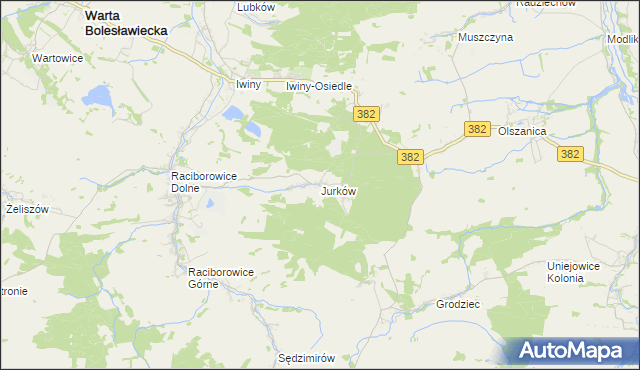 mapa Jurków gmina Warta Bolesławiecka, Jurków gmina Warta Bolesławiecka na mapie Targeo