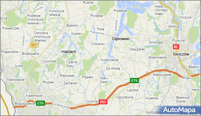 mapa Kostkowice gmina Dębowiec, Kostkowice gmina Dębowiec na mapie Targeo