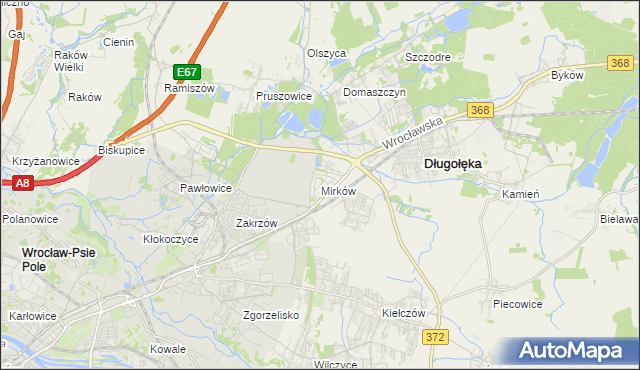 mapa Mirków gmina Długołęka, Mirków gmina Długołęka na mapie Targeo