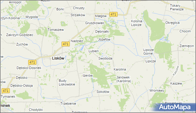 mapa Swoboda gmina Lisków, Swoboda gmina Lisków na mapie Targeo