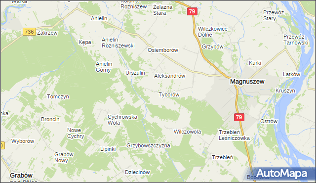 mapa Tyborów gmina Magnuszew, Tyborów gmina Magnuszew na mapie Targeo