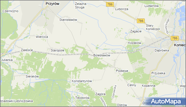 mapa Bolesławów gmina Przyrów, Bolesławów gmina Przyrów na mapie Targeo