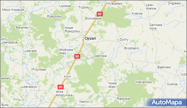 mapa Dąbrowa gmina Ojrzeń, Dąbrowa gmina Ojrzeń na mapie Targeo