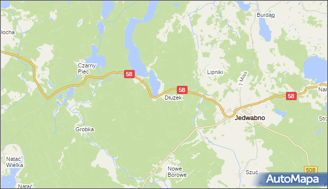 mapa Dłużek gmina Jedwabno, Dłużek gmina Jedwabno na mapie Targeo