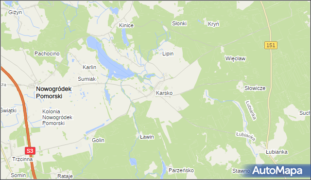 mapa Karsko gmina Nowogródek Pomorski, Karsko gmina Nowogródek Pomorski na mapie Targeo