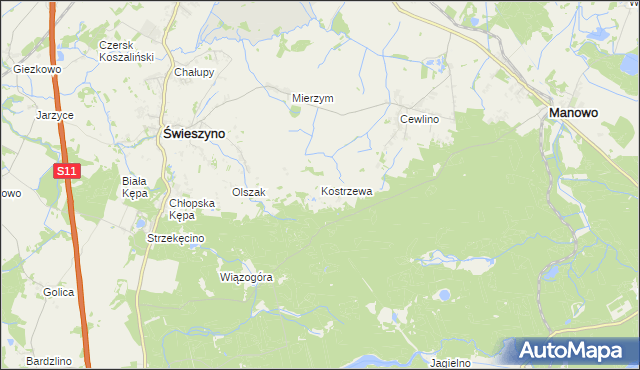mapa Kostrzewa gmina Manowo, Kostrzewa gmina Manowo na mapie Targeo