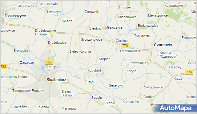 mapa Krępice gmina Skalbmierz, Krępice gmina Skalbmierz na mapie Targeo