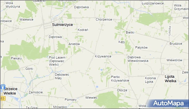 mapa Krzywanice gmina Lgota Wielka, Krzywanice gmina Lgota Wielka na mapie Targeo