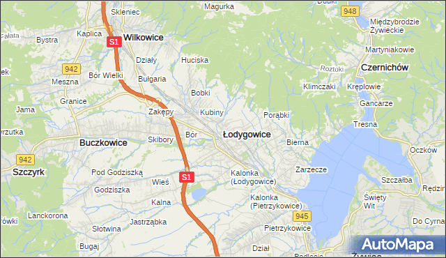 mapa Łodygowice powiat żywiecki, Łodygowice powiat żywiecki na mapie Targeo