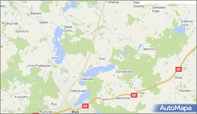 mapa Orło gmina Ryn, Orło gmina Ryn na mapie Targeo
