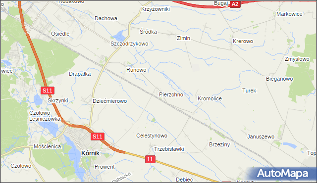 mapa Pierzchno gmina Kórnik, Pierzchno gmina Kórnik na mapie Targeo
