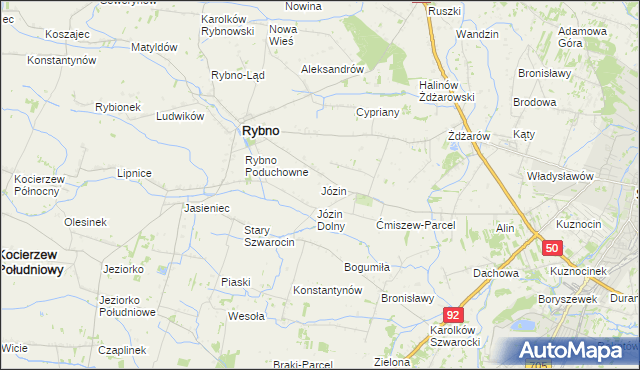 mapa Józin gmina Rybno, Józin gmina Rybno na mapie Targeo