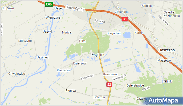 mapa Prądocin gmina Deszczno, Prądocin gmina Deszczno na mapie Targeo