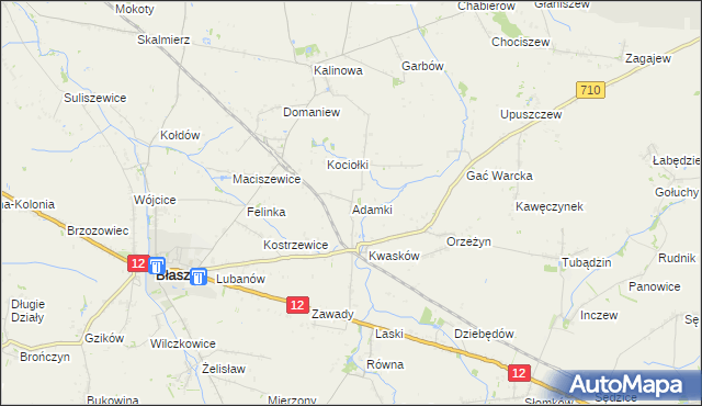 mapa Adamki gmina Błaszki, Adamki gmina Błaszki na mapie Targeo