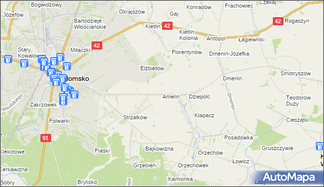 mapa Amelin gmina Radomsko, Amelin gmina Radomsko na mapie Targeo