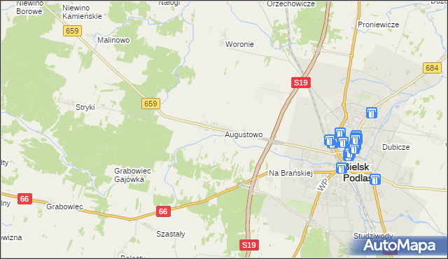 mapa Augustowo gmina Bielsk Podlaski, Augustowo gmina Bielsk Podlaski na mapie Targeo