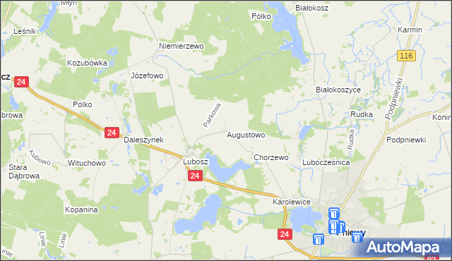 mapa Augustowo gmina Kwilcz, Augustowo gmina Kwilcz na mapie Targeo