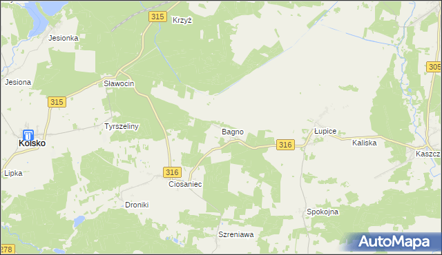 mapa Bagno gmina Sława, Bagno gmina Sława na mapie Targeo