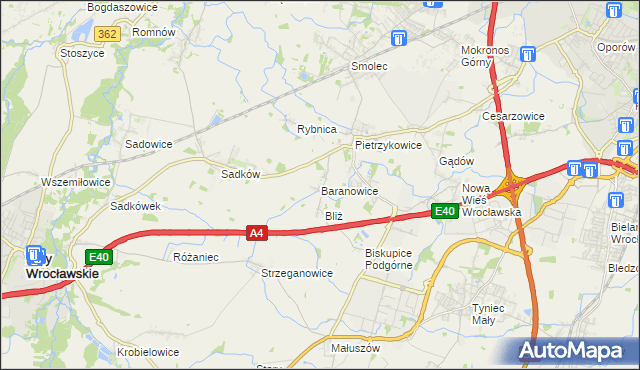 mapa Baranowice gmina Kąty Wrocławskie, Baranowice gmina Kąty Wrocławskie na mapie Targeo