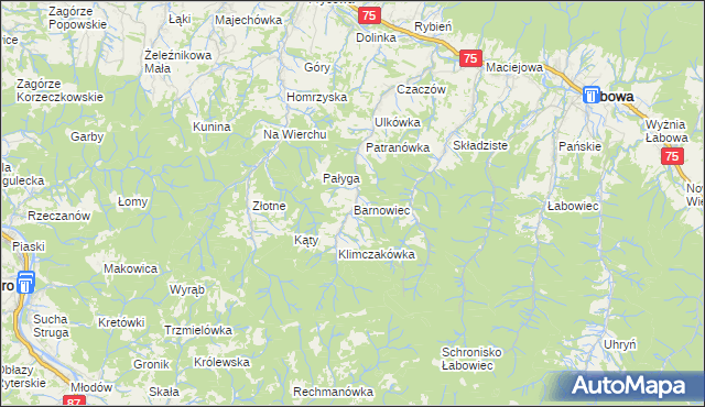 mapa Barnowiec gmina Łabowa, Barnowiec gmina Łabowa na mapie Targeo