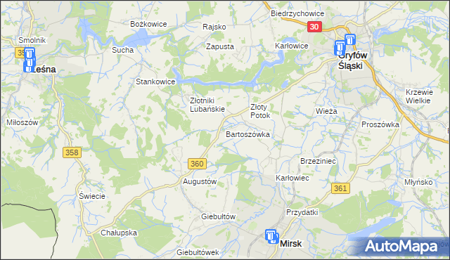mapa Bartoszówka gmina Leśna, Bartoszówka gmina Leśna na mapie Targeo