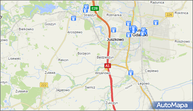 mapa Będzieszyn gmina Pruszcz Gdański, Będzieszyn gmina Pruszcz Gdański na mapie Targeo