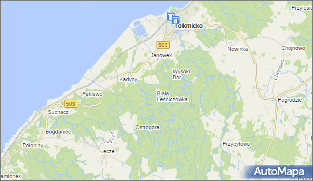 mapa Biała Leśniczówka gmina Tolkmicko, Biała Leśniczówka gmina Tolkmicko na mapie Targeo