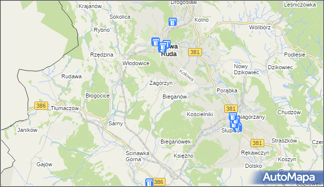 mapa Bieganów gmina Nowa Ruda, Bieganów gmina Nowa Ruda na mapie Targeo