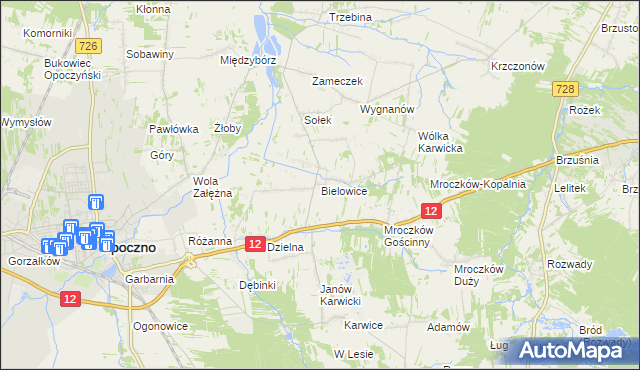 mapa Bielowice gmina Opoczno, Bielowice gmina Opoczno na mapie Targeo