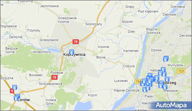 mapa Błonie gmina Koprzywnica, Błonie gmina Koprzywnica na mapie Targeo