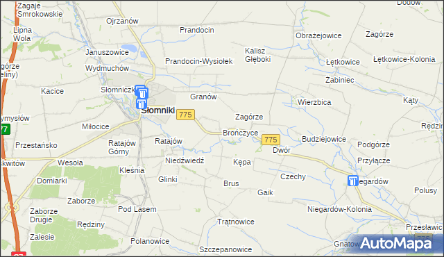 mapa Brończyce gmina Słomniki, Brończyce gmina Słomniki na mapie Targeo