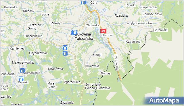 mapa Brzegi gmina Bukowina Tatrzańska, Brzegi gmina Bukowina Tatrzańska na mapie Targeo
