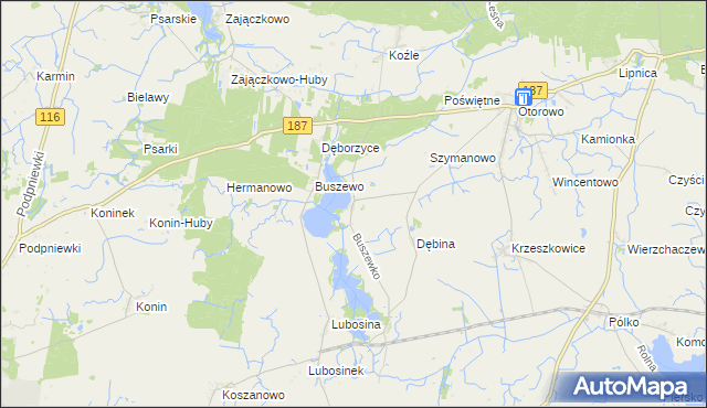 mapa Buszewko gmina Pniewy, Buszewko gmina Pniewy na mapie Targeo