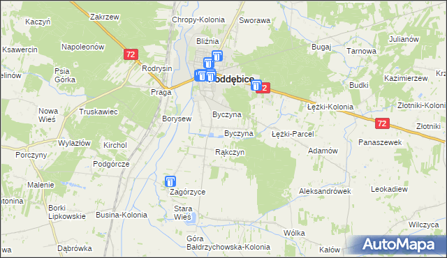 mapa Byczyna gmina Poddębice, Byczyna gmina Poddębice na mapie Targeo