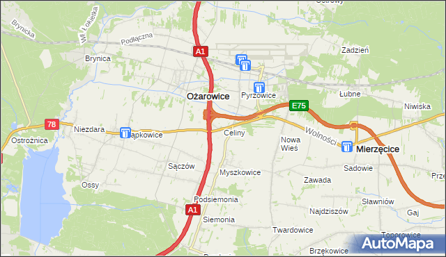 mapa Celiny gmina Ożarowice, Celiny gmina Ożarowice na mapie Targeo