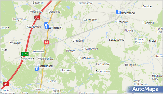 mapa Chrzanowice gmina Gomunice, Chrzanowice gmina Gomunice na mapie Targeo