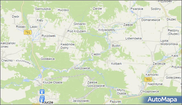 mapa Cieślin gmina Klucze, Cieślin gmina Klucze na mapie Targeo