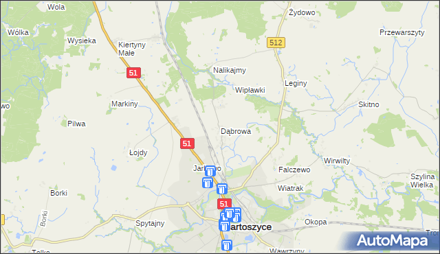 mapa Dąbrowa gmina Bartoszyce, Dąbrowa gmina Bartoszyce na mapie Targeo