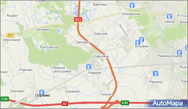 mapa Dąbrówka gmina Dopiewo, Dąbrówka gmina Dopiewo na mapie Targeo