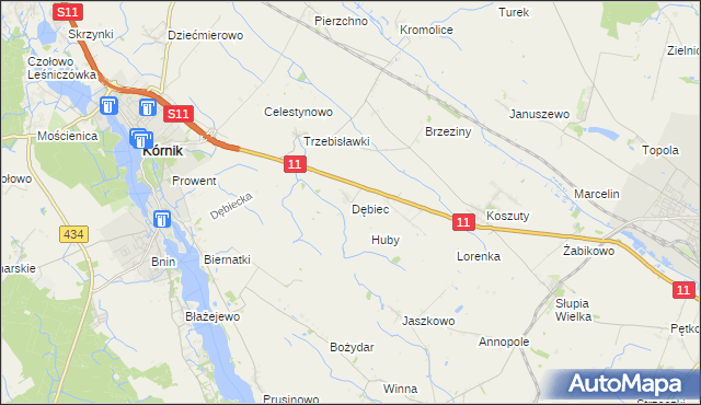 mapa Dębiec gmina Kórnik, Dębiec gmina Kórnik na mapie Targeo